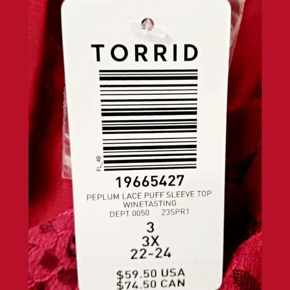 TORRID Plus Size rhubarb peplum lace longsleeve puff sleeve top 3X - Picture 15 of 16